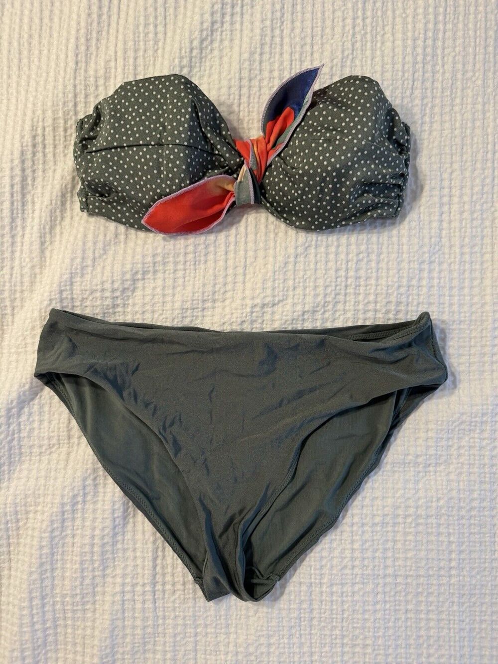 H&M Green Bathing Suit Polka Dot Strapless US 10 Removable Tie Full Coverage
